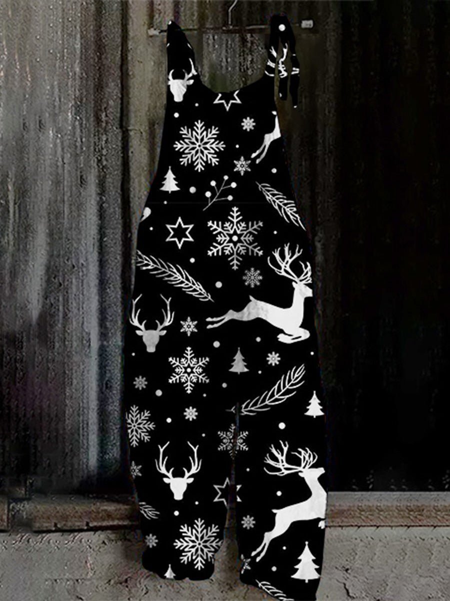 Christmas Black And White Elk Snowflake Print Jumpsuit Articax